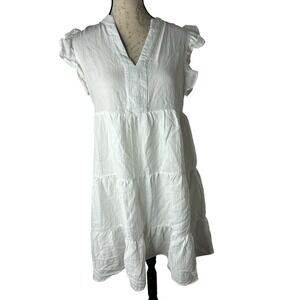 Entro Tiered & Lined White Babydoll Dress‎ with Pockets and Flutter Sleeves S